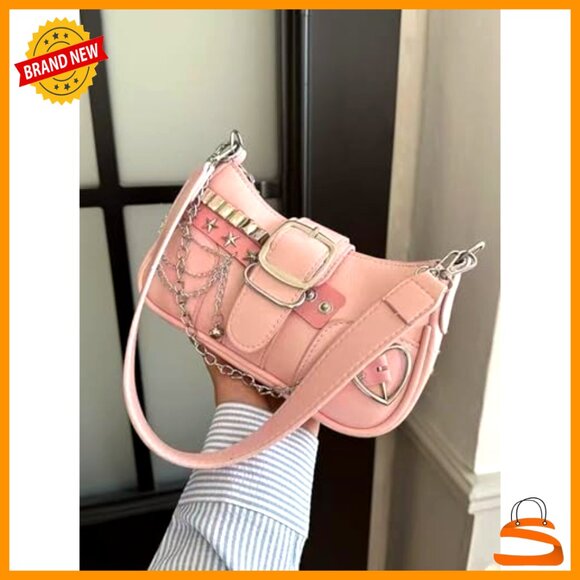 Y2K Coquette Shoulder Bag with Chain Strap, Faux Leather Hobo Handbag - Picture 3 of 7